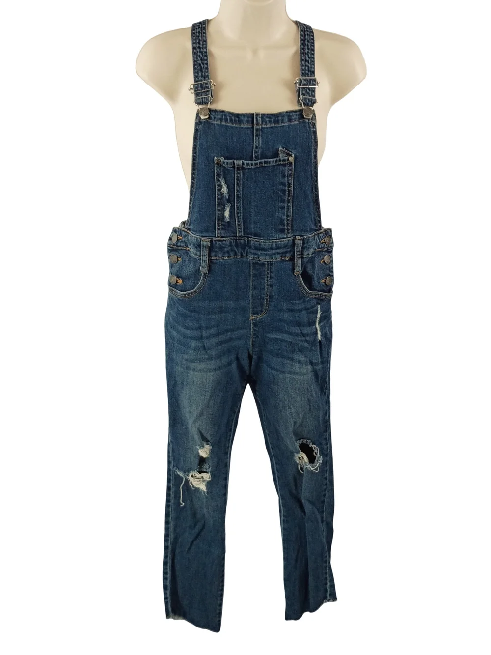 Treasure & Bond Distressed Blue Denim Overalls with Contrast Stitching